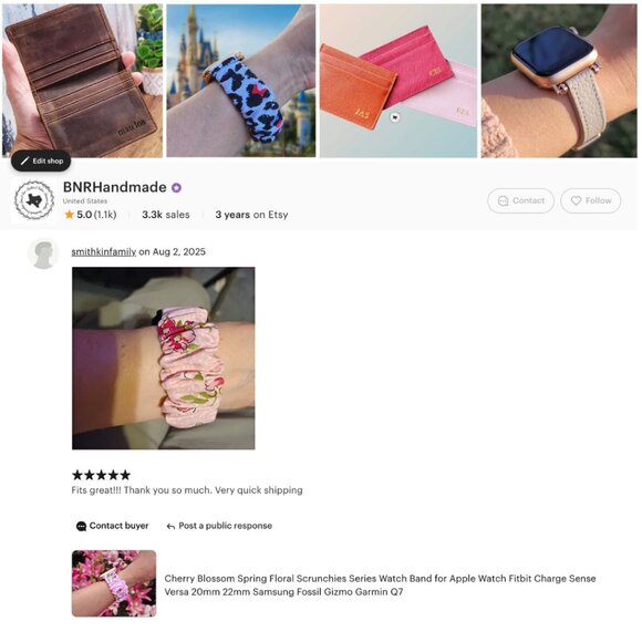 Fitbit Sense Versa 3 2 Lite, Apple Watch Scrunchie Watch Band in Cherry Blossom - Picture 6 of 6